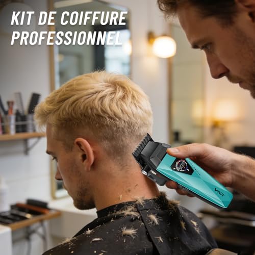 VGR 877S3 Professional Men's Hair Clipper Set, Titanium Coated Cordless Shaver, Trimmer Finish Set with 8000/9000 RPM Motor, Men's Hair Styling Kit with Charging Station, LED Display, Green