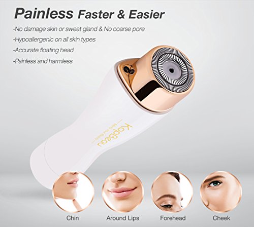 Facial Hair Remover for Women, KopBeau Painless Hair Removal Waterproof Shaver Razor with LED Light and Free Replacement Head for Peach Fuzz Fine Hair Chin Cheek Upper Lip - Thumbnail 2