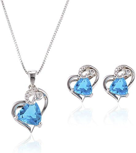 POKICH Blue Heart Jewelry Set Necklace&Earings Oral CZ Crystal Embed in Hollow Engraved Grains for Women
