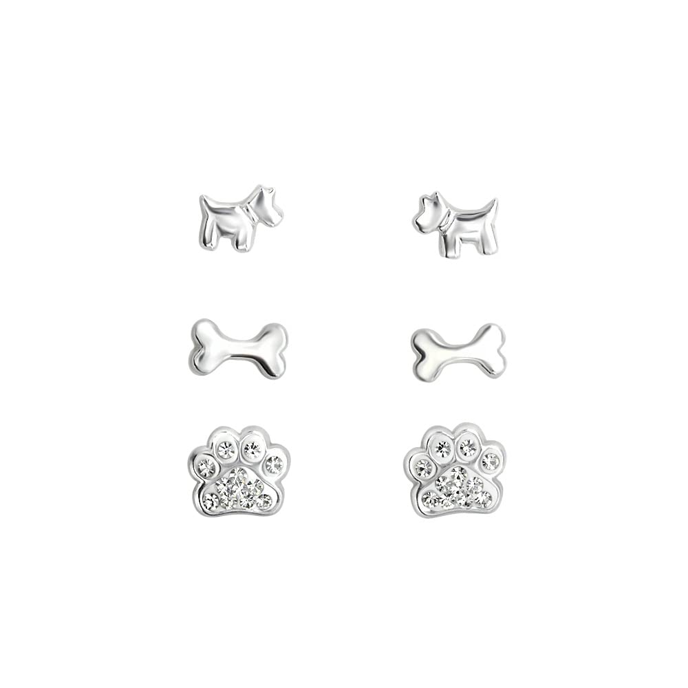 925 Sterling Silver Dog Earrings Set of 3 Pairs – Cute Puppy Stud Earrings for Women & Girls – Gift‑Ready Jewellery Box Included