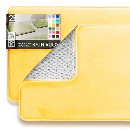 Clara Clark - Ultra Soft Velvet Memory Foam Bath Mats, Non-Slip Bathroom Rug Set - Set of 2, 17 x 24/20 x 32, Mellow Yellow