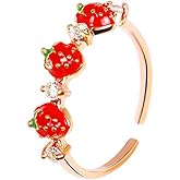 FUTIMELY Cute Red Fruit Ring Open Adjustable Cherry Strawberry Pineapple Ring Lovely Sweet Food Fruit Jewelry for Women (Rose Gold-Strawberry Ring)