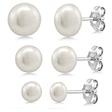 Set of 3 Cultured Freshwater Pearl Button Stud Earrings (6MM 8MM and 10MM White)