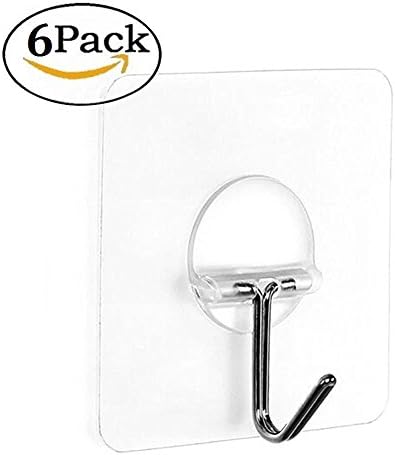 Adhesive Hooks - 13.2lb/6kg(Max) Nail Free Transparent Wall Hooks for Towel Loofah Bathrobe Clothes - No Scratch, Waterproof and Oilproof, Reusable for Bathroom Kitchen Wall &amp; Ceiling Hanger (6)