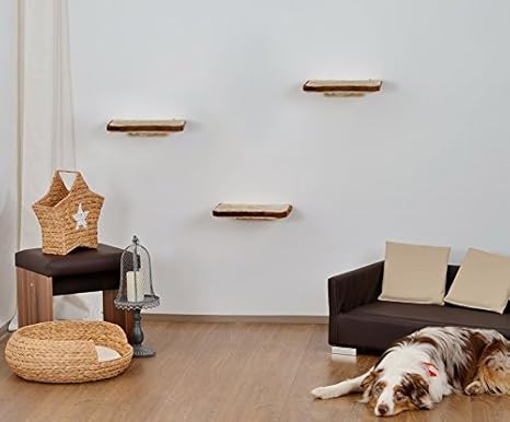 animal-design Katzen Kletterwand 3-teilig Wall Katzenmöbel platzsparende Stabile Katzentreppe für die Wand aus Plüsch Beige B