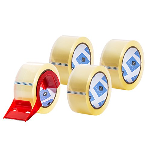Packaging Tape, Heavy Duty Packing Tape, Clear - for Moving Boxes, Shipping, Office, and Storage - 55 Yards Length - with Dispenser - 4 Rolls Per Pack