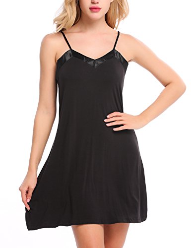 Ekouaer Nightwear Women's Sexy V-neck Sleepshirts With Adjustable Strap (Black, Medium)