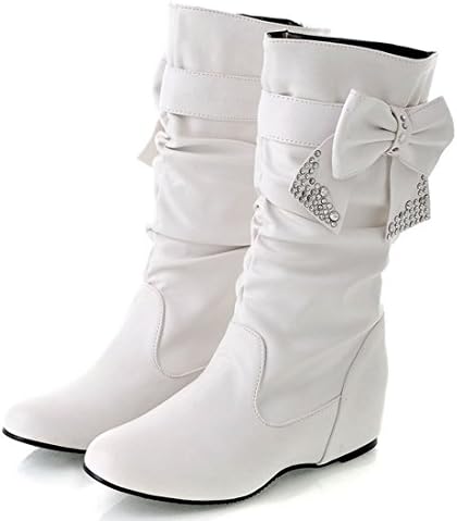 Inornever Women's Sweet Slouchy Flat Boots Increased Within Mid Calf PU Knight Boots with Bows White 8 B (M) US