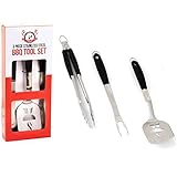BBQing Professional 3 Piece Stainless Steel BBQ Grill Tool Set With Rubber Handles (Spatula, Fork And Tongs)