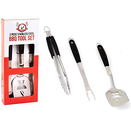 BBQing Professional 3 Piece Stainless Steel BBQ Grill Tool Set With Rubber Handles (Spatula, Fork And Tongs)