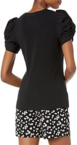 T-shirt à Col Rond et Manches Bouffantes, Coupe Classique Femme, Noir, S