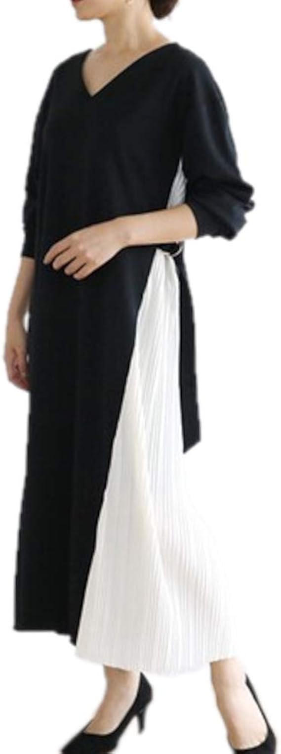 Amazon カティア ワンピース レディース サイドプリーツ マキシ丈 ロングワンピース 長袖 ブラック ワンピース チュニック 通販