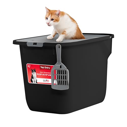 IRIS USA Arenero Rectangular para Gatos con Entrada Superior y Pala, Gran arenero para Gatos, arenero para Gatitos, Negro/Gris