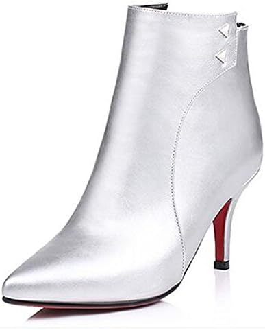 CHFSO Women's Fashion Stiletto Solid Rivets Pointed Toe Back Zipper Mid Heel Ankle Boots Silver 4 B(M) US