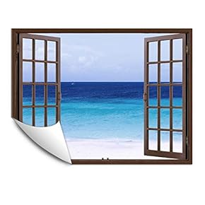 Wall Murals for Bedroom Fake Window Beach Brown Window Removable Wallpaper Peel and Stick Wall Stickers - 24x32 inches