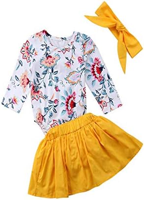 Baby Girl Fall Clothes Newborn Girls Floral Long Sleeve Romper + Golden Skirt Outfit Set