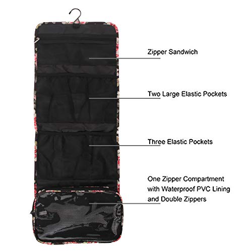 Hanging Toiletry Bag Travel Kit for Men and Women Waterproof Wash Bag Compact Makeup Organizer Bag Shaving Kit for Bathroom, Travel Accessories, Cosmetics, Shampoo, Body Wash (Flower Pattern) - Thumbnail 2