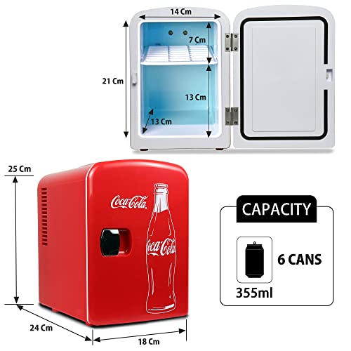 Coca Cola Classic Mini Fridge - Refrigerator for Bedroom Skincare Office, Portable Table Top Beverage Cooler, 12V DC/220V AC Refrigerador For Drinks, Soda, Wine, Use In Car, Dorm, Patio, 6 Can