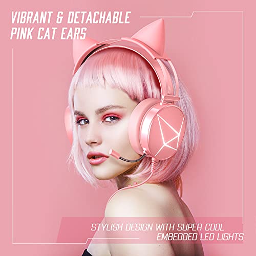 Pink Gaming Headset for PC, Xbox One Headset with Detachable Cat Ear