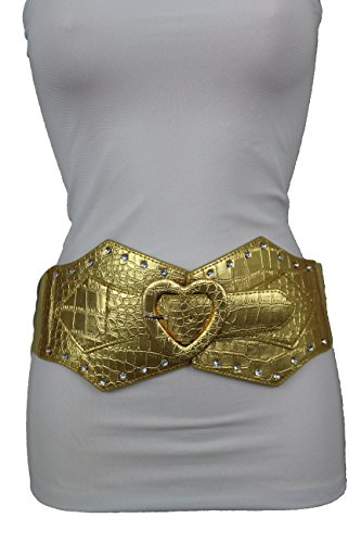 TFJ Women Fashion Stretch Wide Belt Waist Hip Heart Love Buckle Plus M L XL Gold
