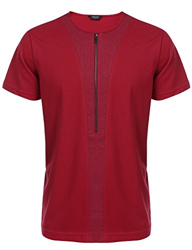 COOFANDY Men\'s Slim Fit Hippie Shirt Short Sleeve Casual Zip Up Cotton Linen Beach Wedding Henley T Shirt Red