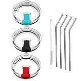 3pcs 20 oz Tumbler Replacement Lid, Spill Proof and Splash Resistant Lid & 4 Stainless Steel Drinking Straws for Fits Yeti rambler, RTIC, Ozark, Cleaning Brush Included (20 oz)