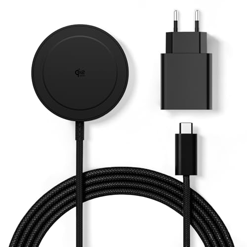 Qi2 25W Magnetic Wireless Charger, Charging Pad with 1.5M Cable Compatible Mag-Safe for iPhone 17e/Air/17/16/15/14/13/12, AirPods 4/3/2/Pro, Pixel Series 10 and More(With 30W Adapter)-Schwarz