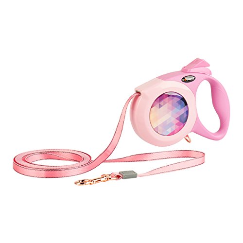 DOGNESS Retractable Dog Leash, The Elegance Series, One Button Brake & Lock Anti-Slip Handle, Strong Nylon Ribbon Tape, 13 ft Long Small Medium Dogs, Pink