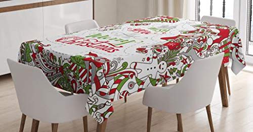 ABAKUHAUS Christmas Tablecloth, We Wish You a Merry Christmas Hand Written Greeting Snowman Santa Sock Hat Beard, Dining Room Kitchen Table Cover, 54" x 94", White Red Green