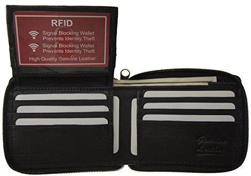 RFID Improving Lifestyles Mens Leather Wallet Bifold Zipper Black SUNRFID1306BK