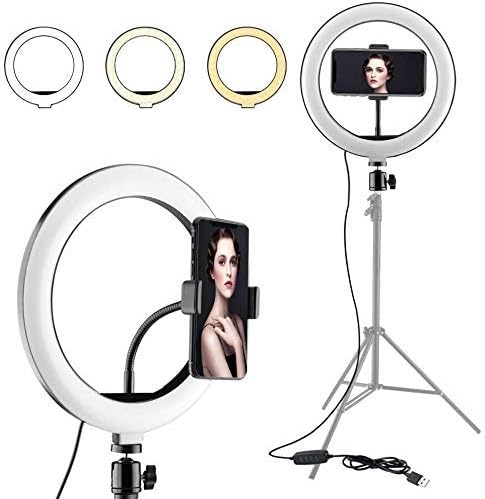 LED Dimmable Desk Makeup Ring Light 10" with Tripod Stand and Phone Holder for Video, Photography, Shooting with 3 Light Modes and 10 Brightness Level