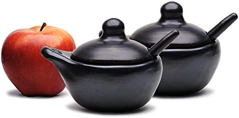 Black Clay Saucer/Sauce/Salsa Bowl W/ Lid and Spoon - Set of 2 - Handmade in La-Chamba Colombia, Natural, Toxin and Contaminant Free - Ancient Style Cookware