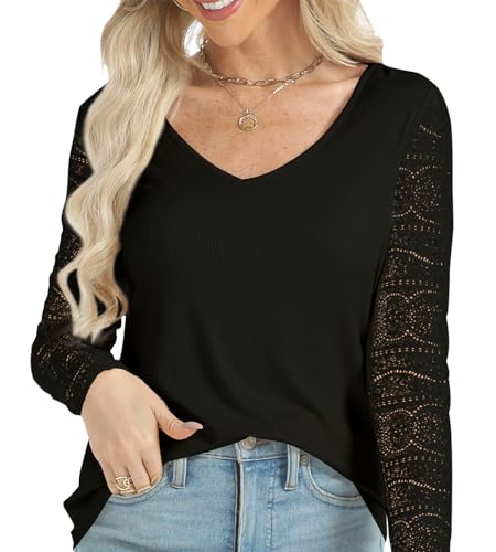 CAKULO 2024 WOMENS TOPS DRESSY CASUAL BUSINESS V NECK LACE LONG SLEEVE TRENDY WORK LAYERING RIBBED BLOUSES SHIRTS BLACK S