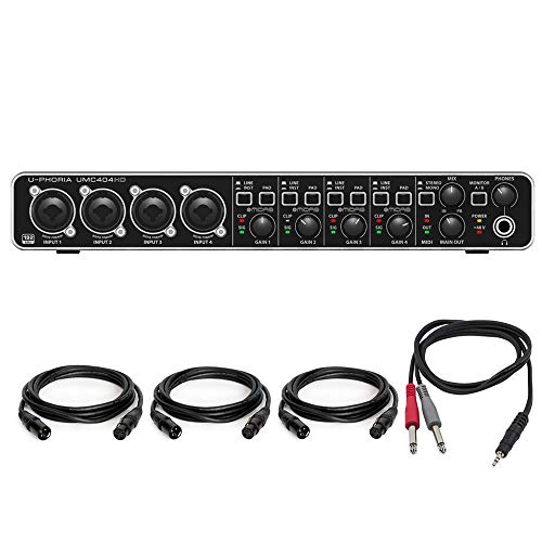 Behringer U-PHORIA (UMC404HD) Audiophile 2x4, 24bit/192kHz USB Audio/MIDI Interface w/ Pro DJ Bundle Includes, 1/8" TRS Male to Two 1/4" TS Male Cable & 3-Pack Premier Series XLR Male To Female Cable