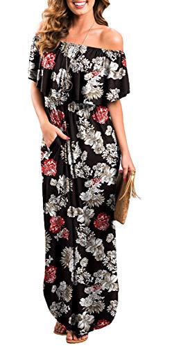 Womens Off The Shoulder Ruffle Party Dresses Side Split Beach Maxi Dress Flower05 XL