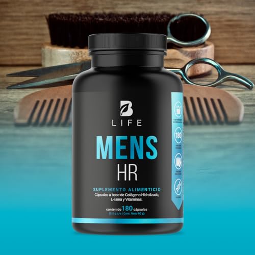 B Life Company Vitaminas para el Cabello del Hombre 180 Cápsulas 500 mg por cápsula. Colágeno Hidrolizado, L Lysina, Zinc, B5, B6, Biotina y D3. Ingredientes naturales. Mens HR.