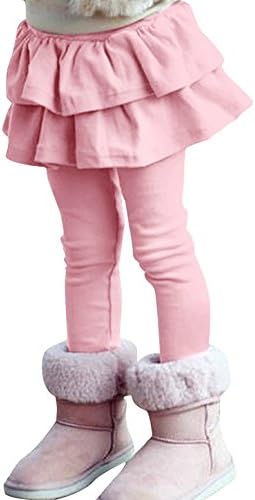 Kids Girls Elastic Waist Fleece Lined Leggings with Ruffle Tutu Skirt (7T, Pink)