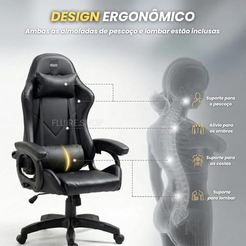 Cadeira Gamer DAZZ X-Rocker Preta, Almofadas Lombar e Cervical, Cadeira de Escritorio Ergonômica com Ajuste de Altura Encosto Reclinável e Mecanismo Borboleta para Jogos Home Office Estudos e Trabalho