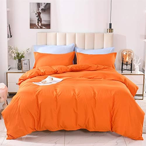 LIVUCEE Queen Orange Duvet Cover Sets 100 Microfiber 3 Pcs Solid Color