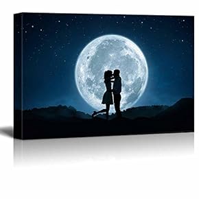 Canvas Prints Wall Art - Silhouette of Loving Couple Kissing Agains The Full Moon - 12" x 18"
