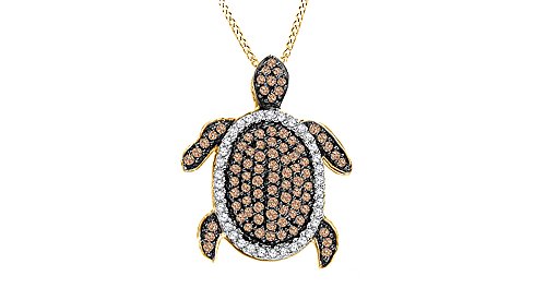 Round Cut Champagne & White Natural Diamond Turtle Pendant 10k Solid Yellow Gold (0.10 Cttw)