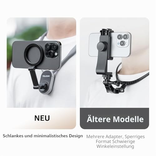 TELESIN Magnetic Neck Mount for Phones, Neck Phone Holder POV/Vlog Selfie Holder Hand Free Phone Neck Mount Chest Tripod Strap Video Recording iPhone 17 16 15 14 13 12 Android (Grey)
