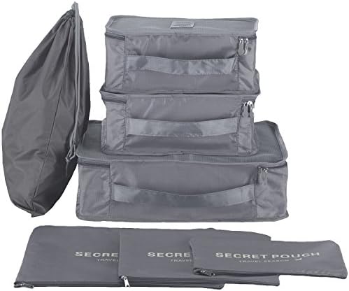 Freesoar 7 Sets Travel Organizers Packing Cubes Laundry Bag Luggage Compression Pouches - 3 Travel Cubes + 3 Pouches + 1 Shoe Bag (Gray)