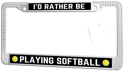 Amazon I D Rather Be Playing ソフトボールライセンスプレートフレーム ビンテージプレートフレームカバー ラインストーンメタルナンバープレートホルダー シルバー 自動車タグフレーム ホワイト Gumiholders Pkhgfv 1117 ナンバーカバー ホルダー 車 バイク
