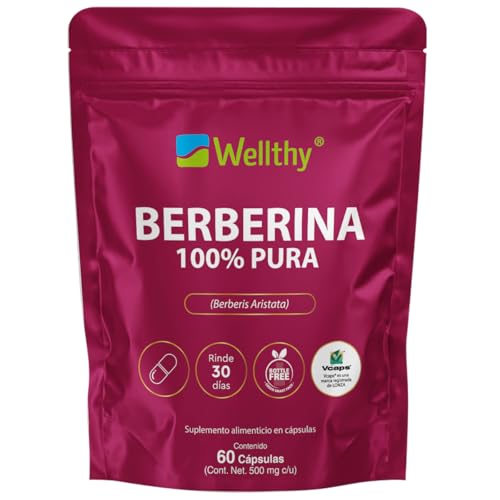 Wellthy Berberina Pura 60 Cápsulas. 100% Berberis Aristata, 500mg c/u, 30 dias de consumo, VCaps Cápsulas Veganas, Bottle Free.