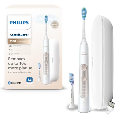 Philips Sonicare ExpertClean 7500 elektrische Zahnbürste, Schallzahnbürste mit App, 4 Putzmodi und 3 Intensitätsstufen, Drucksensor, Reiseetui, White-Gold, Modell HX9691/02