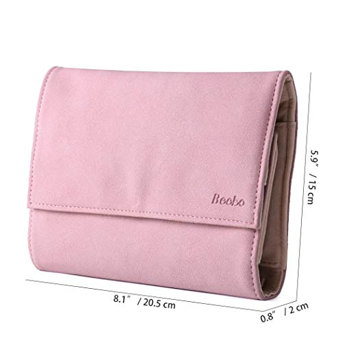 Becko Jewelry Organizer Roll Travel Jewel Bag case for Multiple Necklaces, Rings, Bracelets, Supple Leather & Suede, Large Capacity Without Crease, Lightweight, Portable & Practical (Pink)