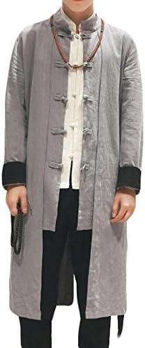 DANJIESHI Men Classic Long Linen Cardigan Trench Coat gray US XL