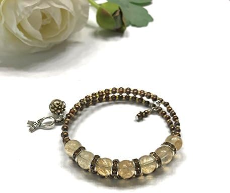 Double Strand Natural Citrine Stone Bracelet. Hope Ribbon Charm. Memory Wire, Easy Slip On and Off. Sacral Chakra, Solar Plexus and Crown Chakra Balance Balance. Attract Love and Happiness.