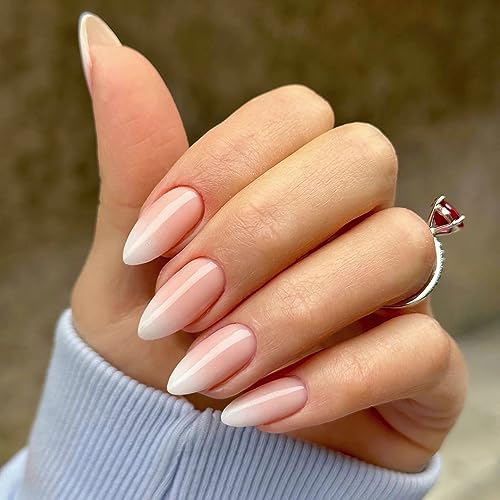 Qsnidy Press on Nails Almond, Ombre Nude to White Press on Nails Medium Fake Nails, Glossy Full Cover Glue On Nails for Women Daily Wear, Natural Fit Acrylic Stick on Nails in 12 Sizes - 24 Nail Kit - Image 2